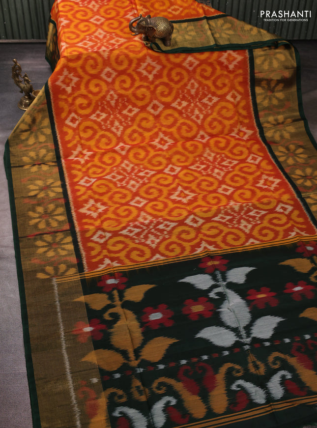 Ikat silk cotton saree orange and green with allover ikat weaves and long zari woven border