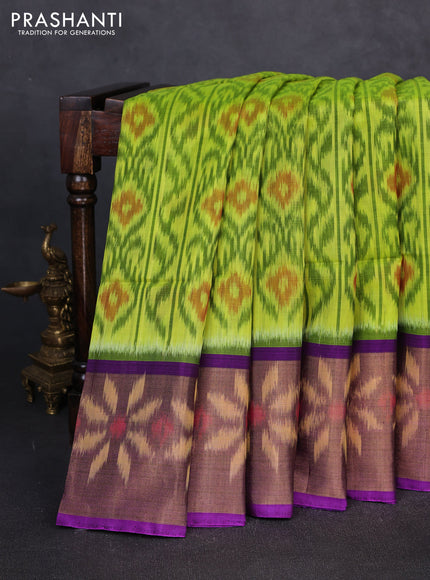 Ikat silk cotton saree fluorescent green and violet with allover ikat weaves and long zari woven border