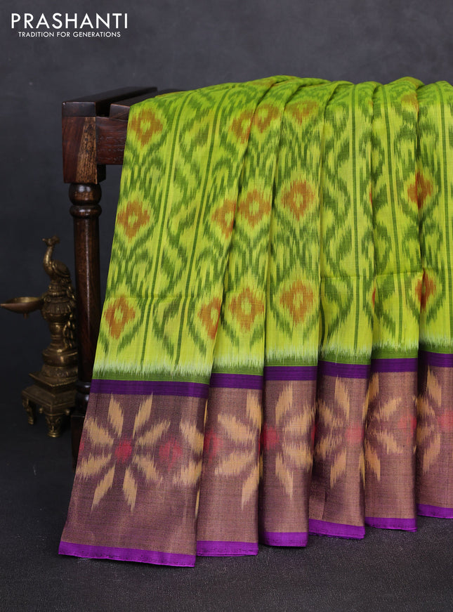 Ikat silk cotton saree fluorescent green and violet with allover ikat weaves and long zari woven border