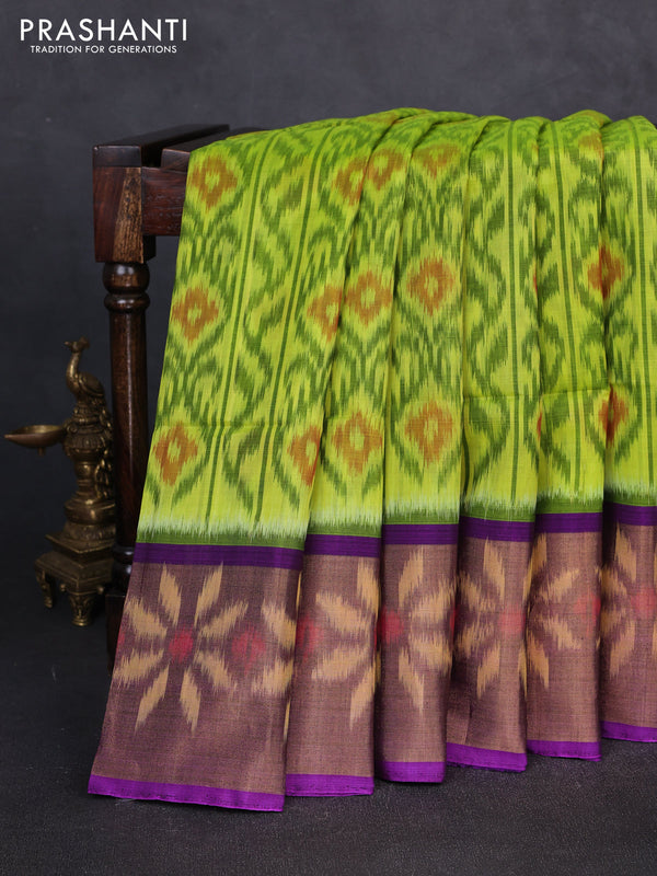 Ikat silk cotton saree fluorescent green and violet with allover ikat weaves and long zari woven border