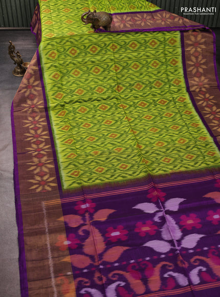 Ikat silk cotton saree fluorescent green and violet with allover ikat weaves and long zari woven border