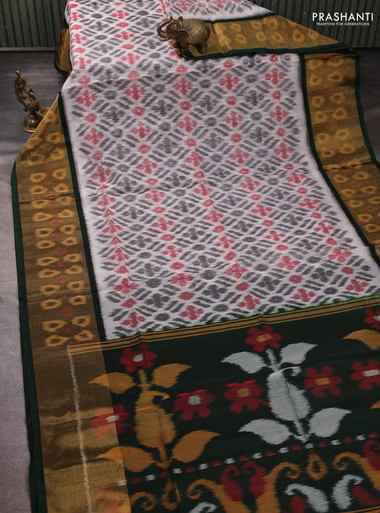 Ikat silk cotton saree off white and bottle green with allover ikat weaves and long zari woven border