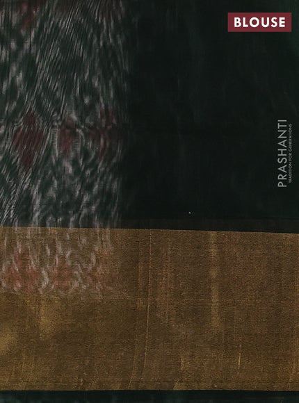 Ikat silk cotton saree off white and bottle green with allover ikat weaves and long zari woven border