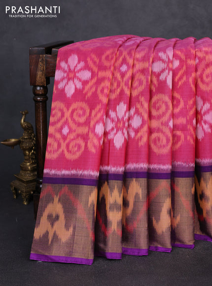 Ikat silk cotton saree pink and violet with allover ikat weaves and long zari woven border
