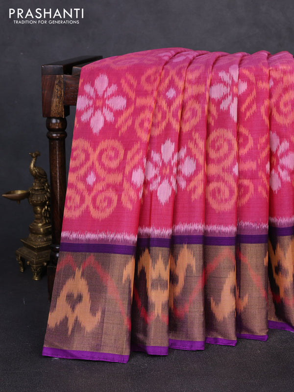 Ikat silk cotton saree pink and violet with allover ikat weaves and long zari woven border