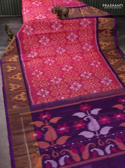 Ikat silk cotton saree pink and violet with allover ikat weaves and long zari woven border