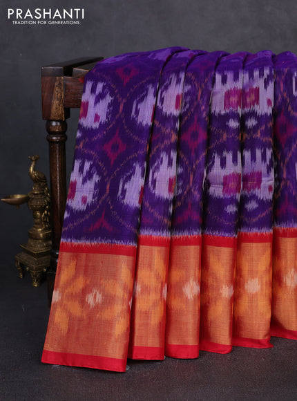 Ikat silk cotton saree violet and red with allover ikat weaves and long zari woven border