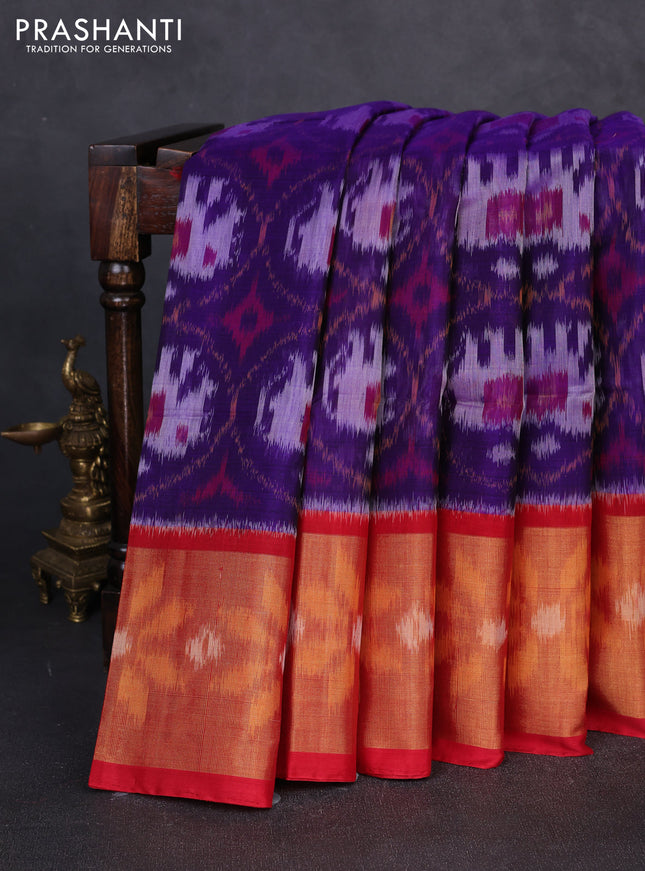 Ikat silk cotton saree violet and red with allover ikat weaves and long zari woven border