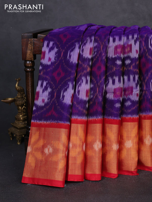 Ikat silk cotton saree violet and red with allover ikat weaves and long zari woven border