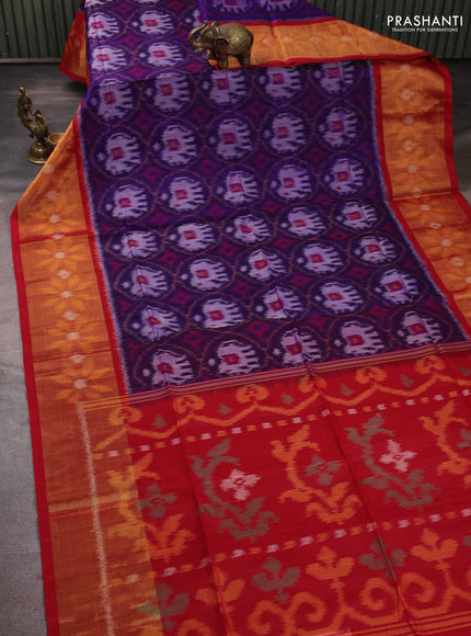 Ikat silk cotton saree violet and red with allover ikat weaves and long zari woven border