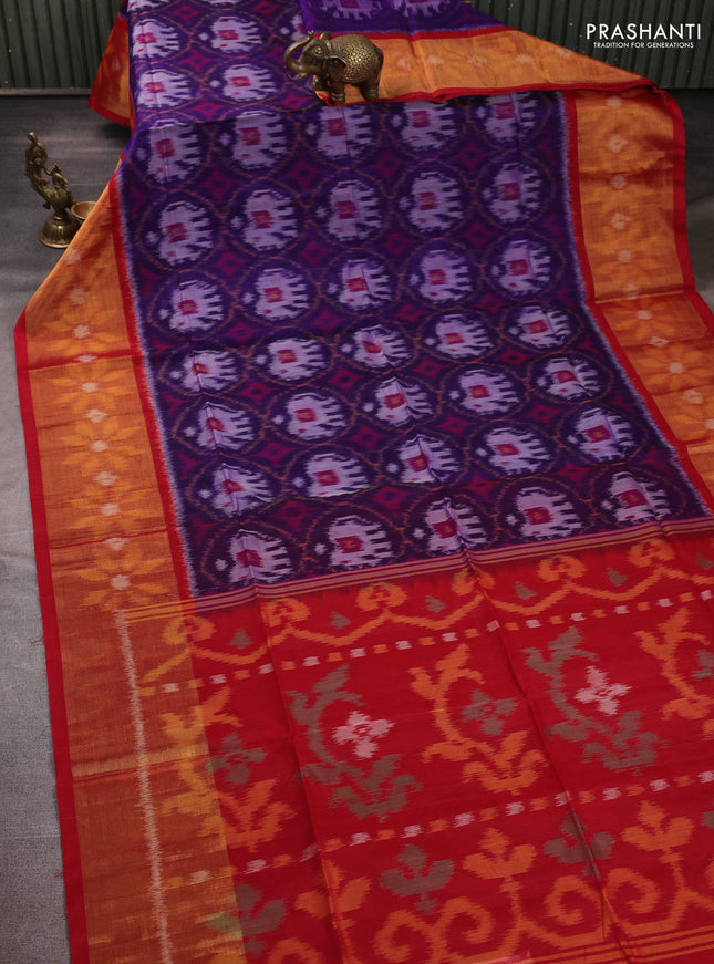 Ikat silk cotton saree violet and red with allover ikat weaves and long zari woven border