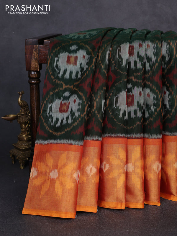Ikat silk cotton saree bottle green and orange with allover ikat weaves and long zari woven border