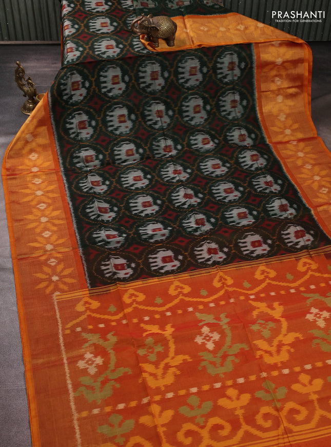 Ikat silk cotton saree bottle green and orange with allover ikat weaves and long zari woven border