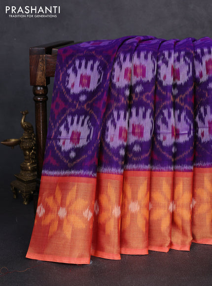 Ikat silk cotton saree violet and orange with allover ikat weaves and long zari woven border