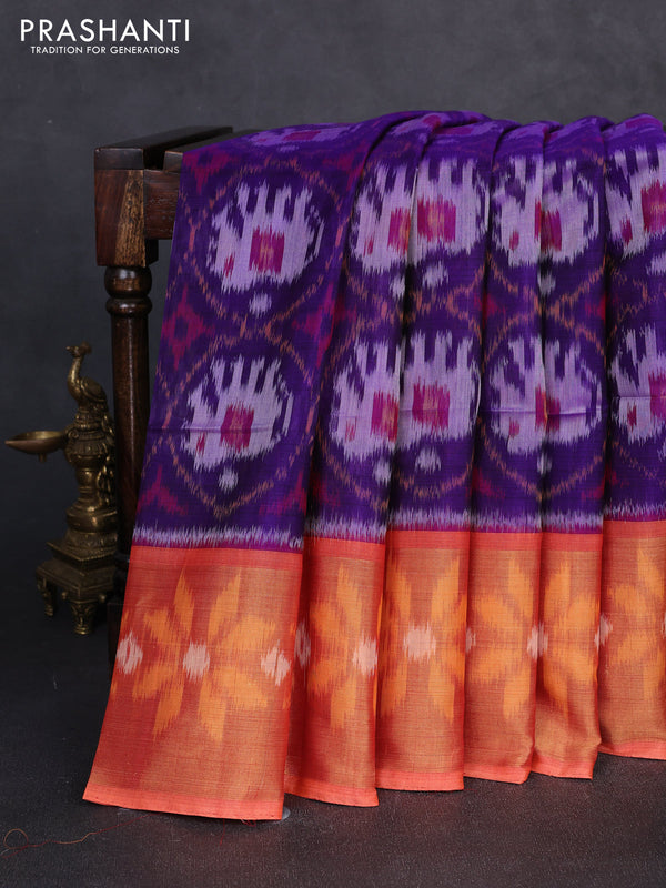 Ikat silk cotton saree violet and orange with allover ikat weaves and long zari woven border