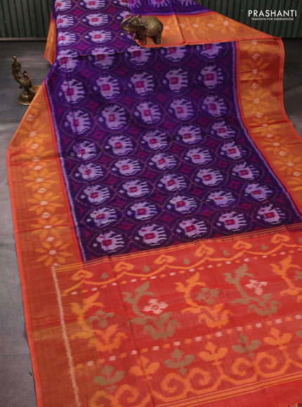 Ikat silk cotton saree violet and orange with allover ikat weaves and long zari woven border
