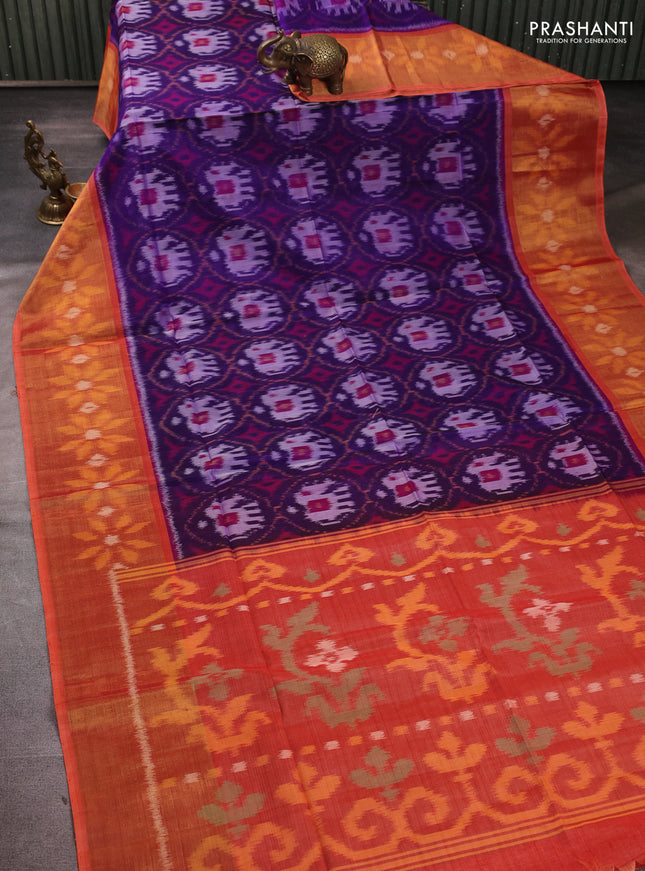 Ikat silk cotton saree violet and orange with allover ikat weaves and long zari woven border