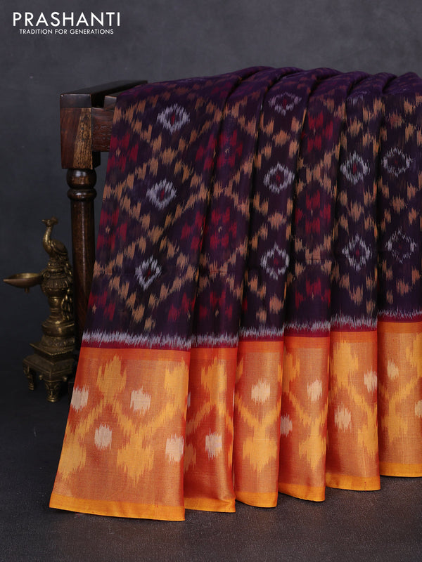 Ikat silk cotton saree violet and orange with allover ikat weaves and long zari woven border