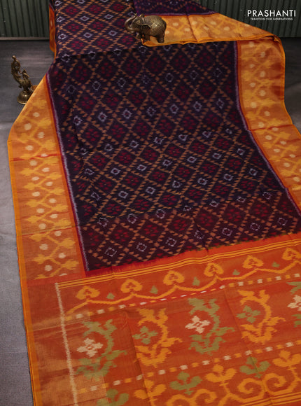 Ikat silk cotton saree violet and orange with allover ikat weaves and long zari woven border