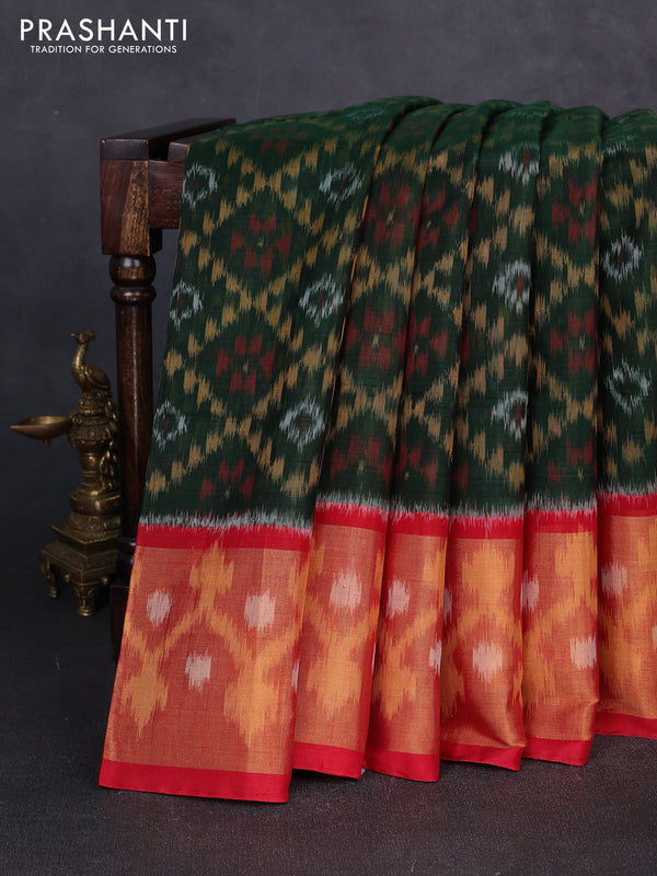 Ikat silk cotton saree bottle green and red with allover ikat weaves and long zari woven border
