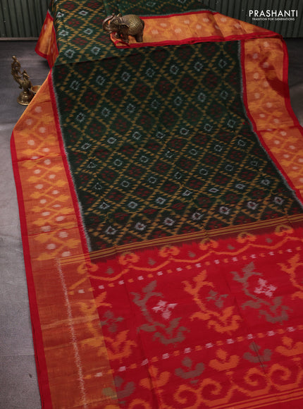 Ikat silk cotton saree bottle green and red with allover ikat weaves and long zari woven border