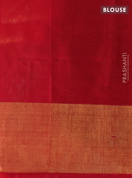 Ikat silk cotton saree bottle green and red with allover ikat weaves and long zari woven border