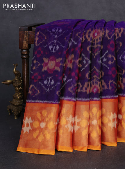 Ikat silk cotton saree violet and orange with allover ikat weaves and long zari woven border