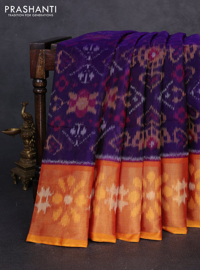Ikat silk cotton saree violet and orange with allover ikat weaves and long zari woven border