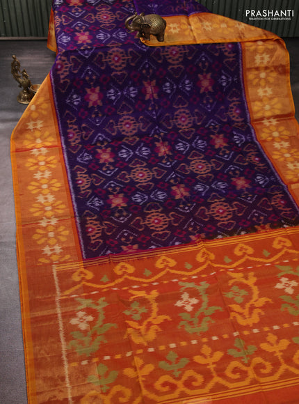Ikat silk cotton saree violet and orange with allover ikat weaves and long zari woven border