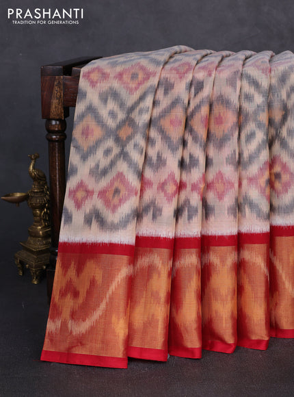 Ikat silk cotton saree grey and red with allover ikat weaves and long zari woven border
