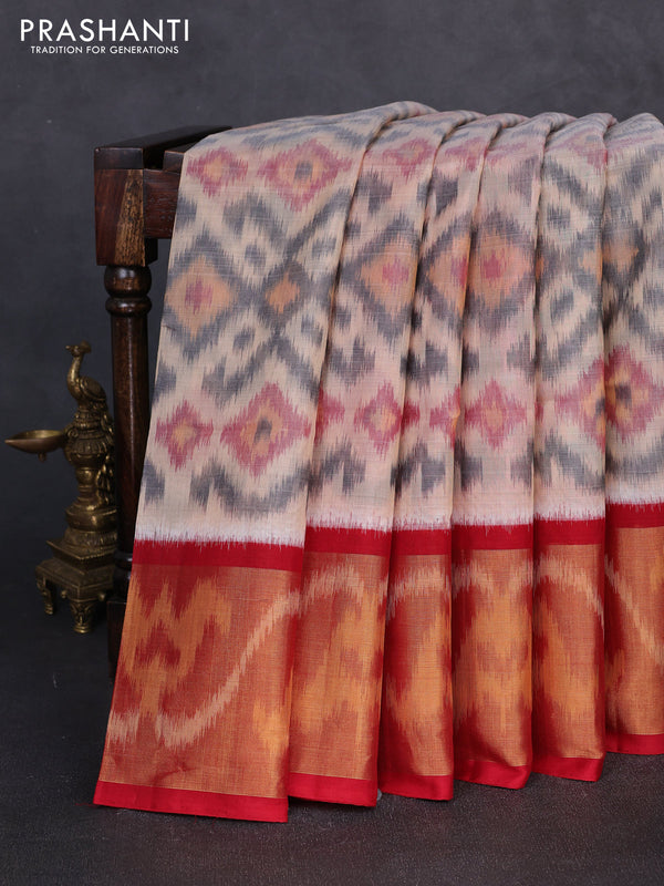 Ikat silk cotton saree grey and red with allover ikat weaves and long zari woven border