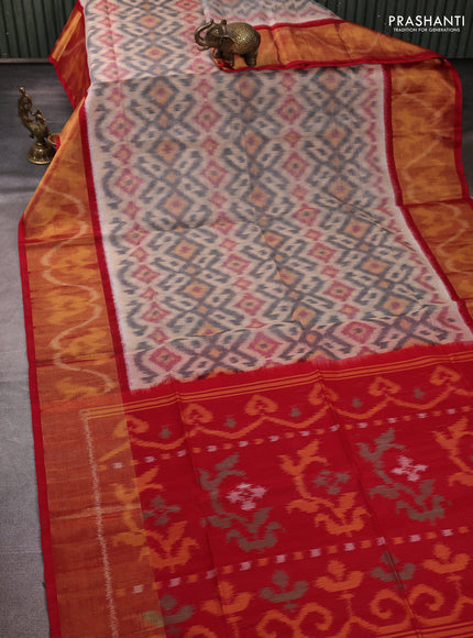 Ikat silk cotton saree grey and red with allover ikat weaves and long zari woven border