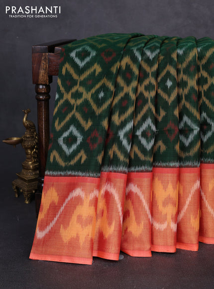 Ikat silk cotton saree bottle green and orange with allover ikat weaves and long zari woven border