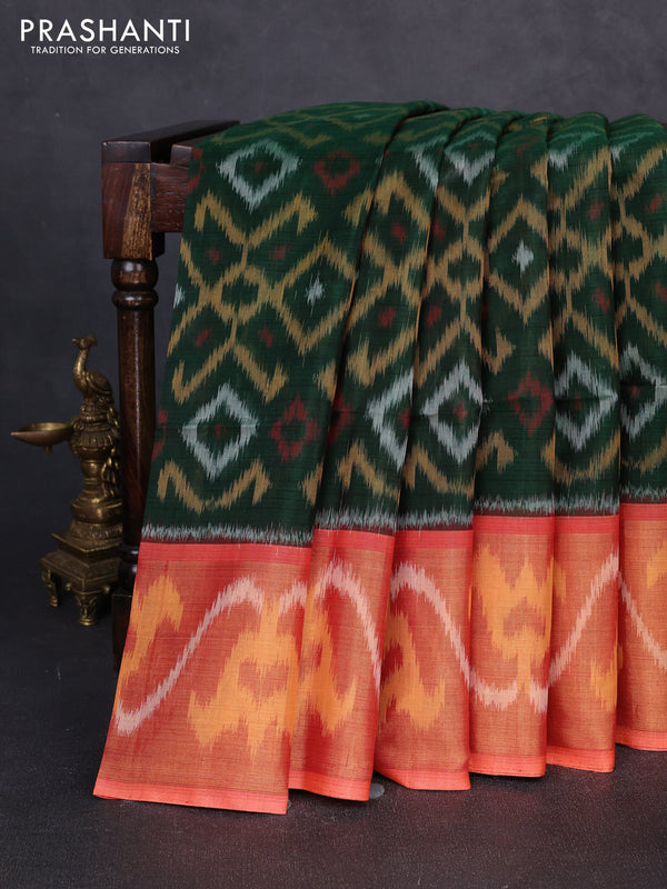 Ikat silk cotton saree bottle green and orange with allover ikat weaves and long zari woven border
