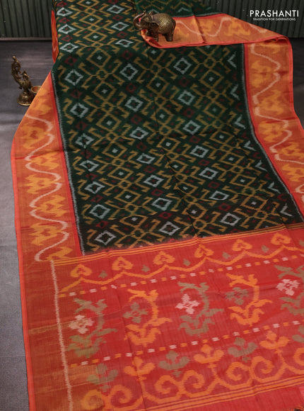 Ikat silk cotton saree bottle green and orange with allover ikat weaves and long zari woven border