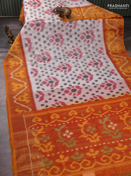 Ikat silk cotton saree off white and orange with allover ikat weaves and long zari woven border