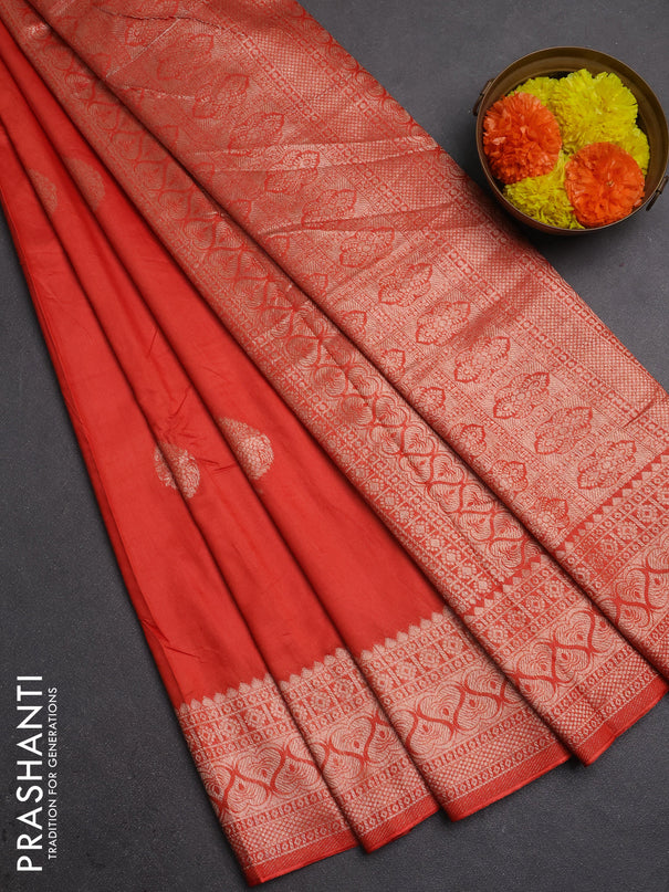 Semi chanderi saree orange with zari woven buttas and zari woven border