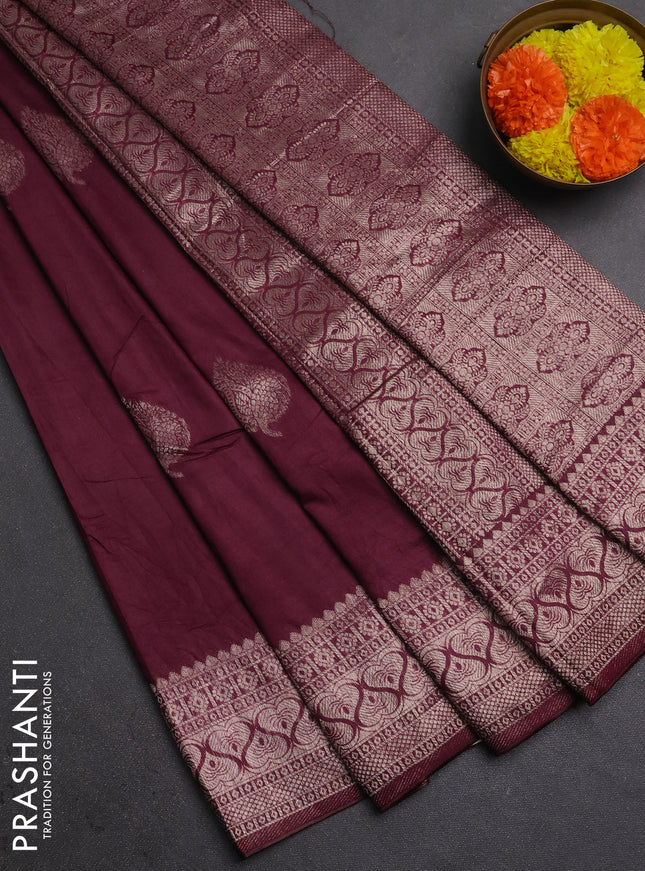 Semi chanderi saree wine shade with zari woven buttas and zari woven border