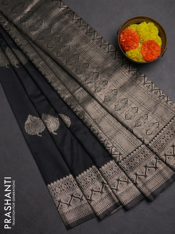 Semi chanderi saree black with zari woven buttas and zari woven border