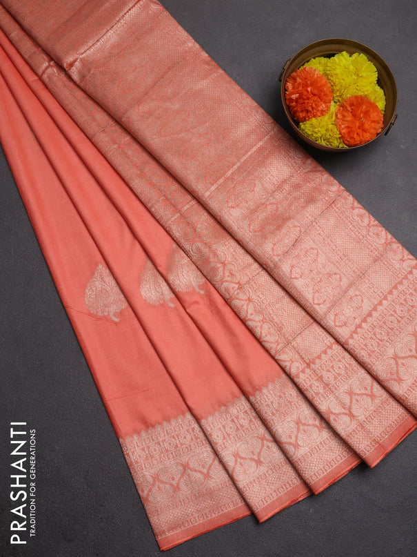 Semi chanderi saree orange with zari woven buttas and zari woven border
