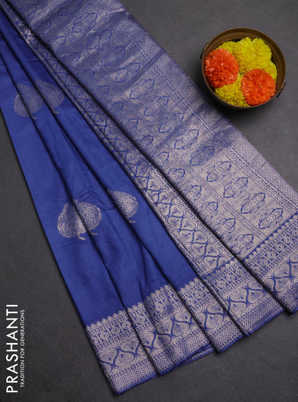 Semi chanderi saree blue with zari woven buttas and zari woven border