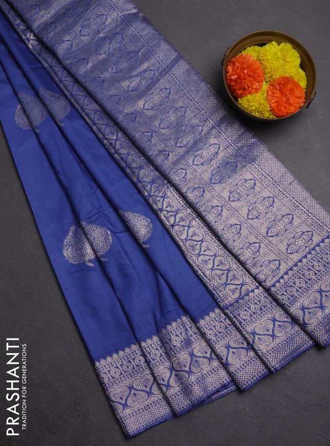 Semi chanderi saree blue with zari woven buttas and zari woven border