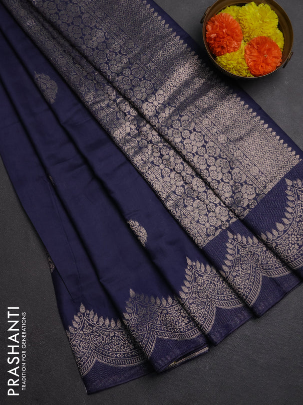 Semi chanderi saree navy blue with alllover zari woven buttas and zari woven border