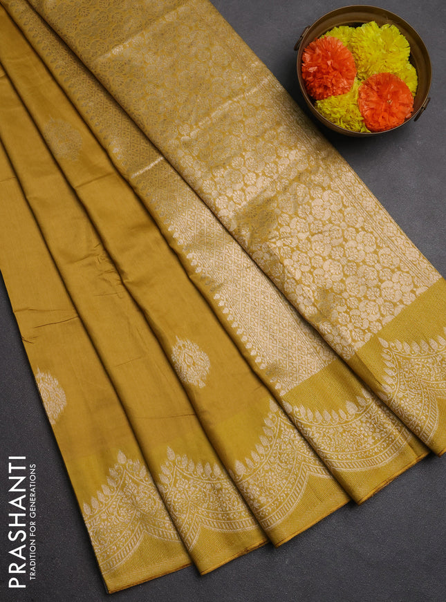 Semi chanderi saree mustard yellow with alllover zari woven buttas and zari woven border