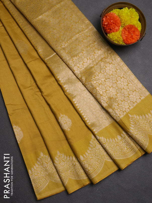 Semi chanderi saree mustard yellow with alllover zari woven buttas and zari woven border