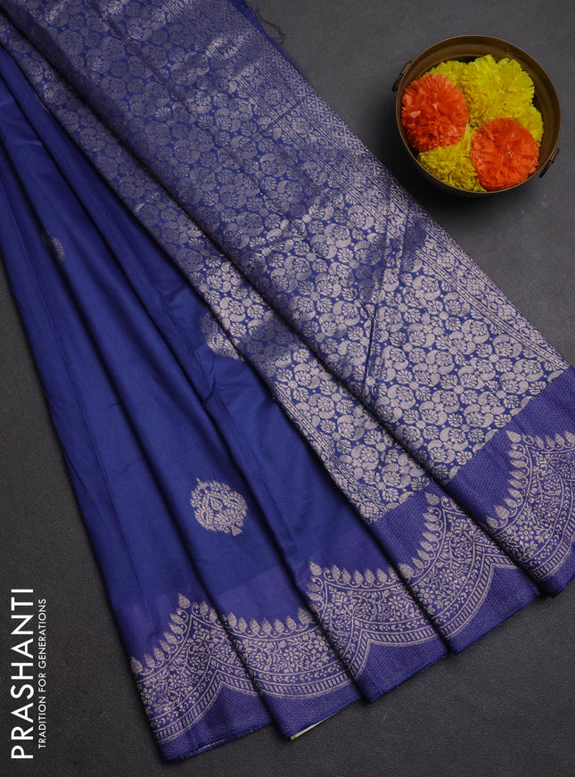 Semi chanderi saree blue with alllover zari woven buttas and zari woven border