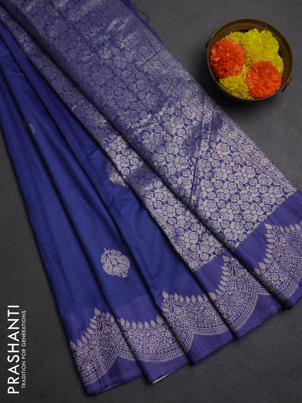 Semi chanderi saree blue with alllover zari woven buttas and zari woven border