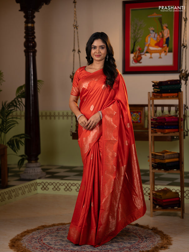 Semi chanderi saree orange with alllover zari woven buttas and zari woven border
