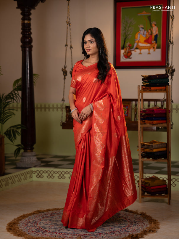Semi chanderi saree orange with alllover zari woven buttas and zari woven border