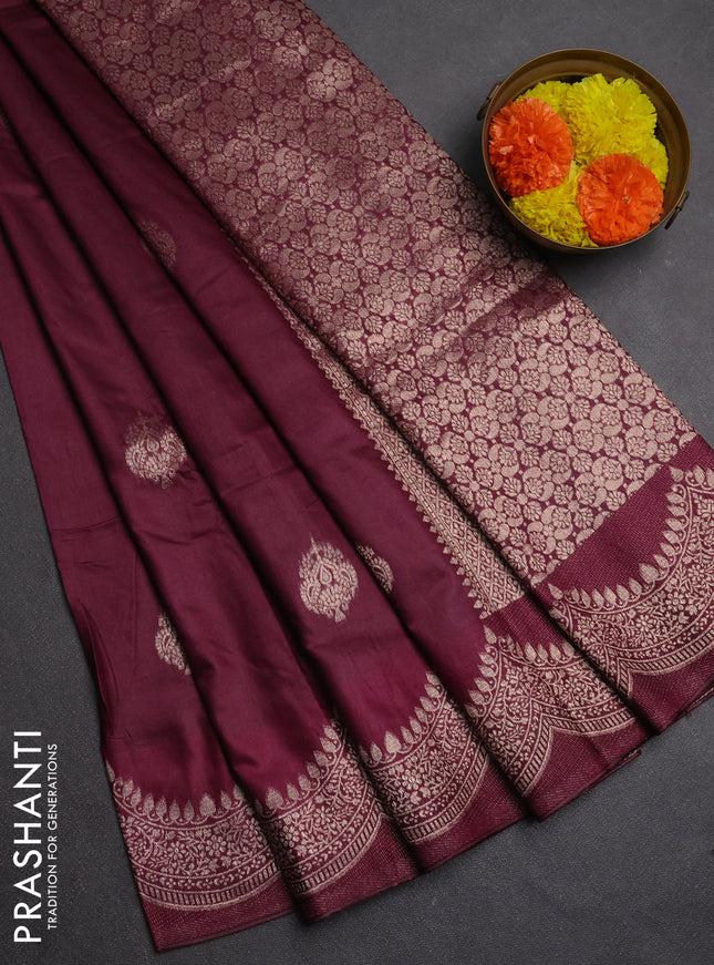 Semi chanderi saree deep wine with alllover zari woven buttas and zari woven border